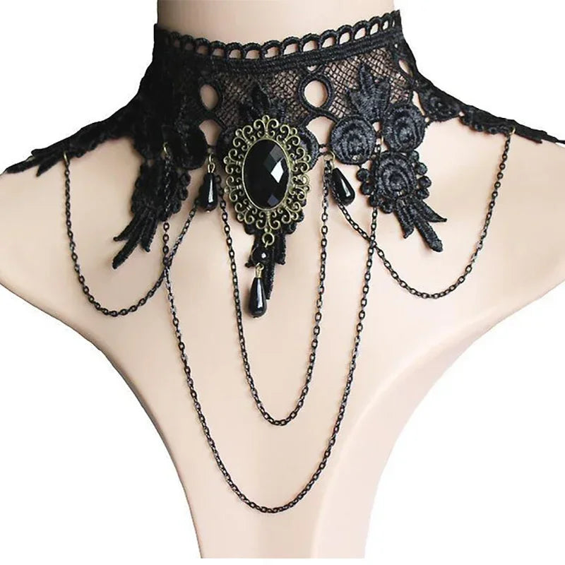 Gothic Black Lace Choker Necklace For Women Vintage Tassel Clavicle Chain Halloween Collar Choker Steampunk Party Jewelry Gift