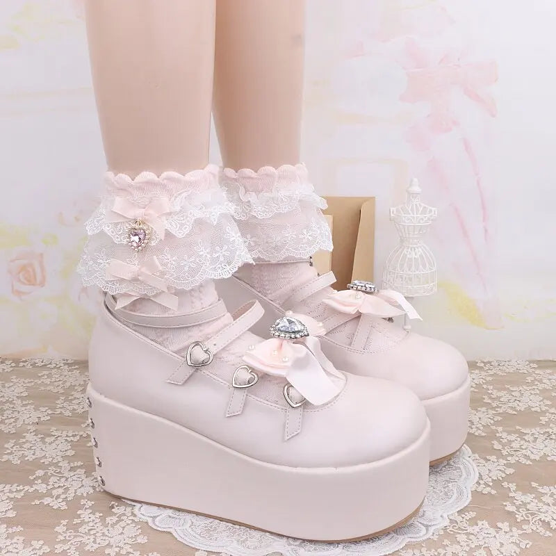 Layered Lace Lolita Socks Handmade Ankle Socks With Bow & Dangling Heart Charm Detailed Kawaii Socks For Women