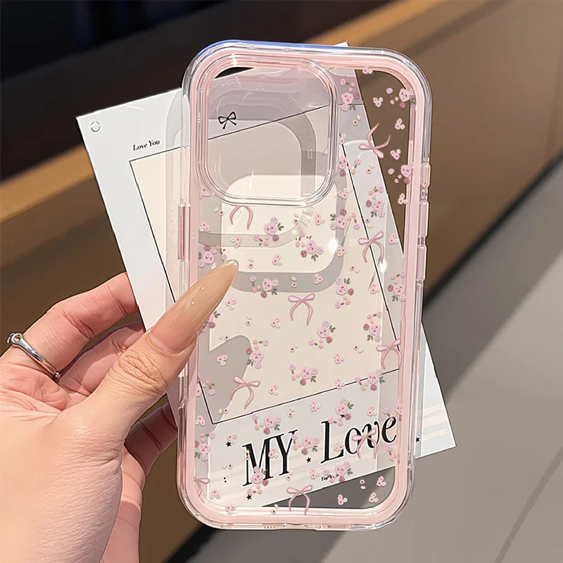 Cute Pink Bow Phone Case For iPhone 17 Pro Max Case iPhone 15 13 14 18 11 12 16 Pro Max Transparent 2 IN 1 Shockproof Soft Cover