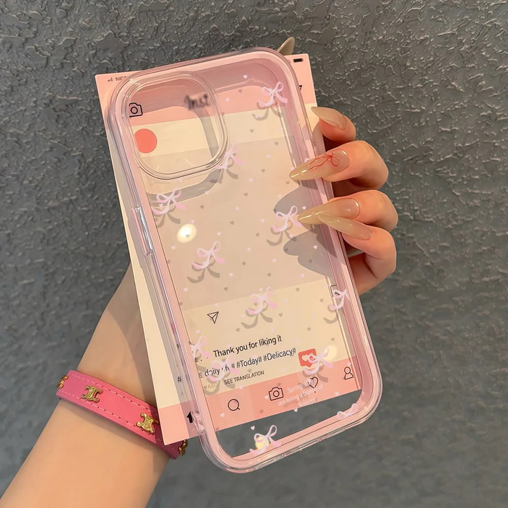 Cute Pink Bow Phone Case For iPhone 17 Pro Max Case iPhone 15 13 14 18 11 12 16 Pro Max Transparent 2 IN 1 Shockproof Soft Cover