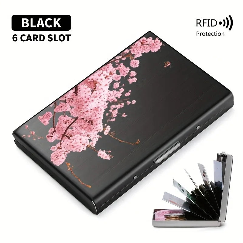 Pink cherry blossom tree branch pattern RFID anti-theft metal card holder for both men and women, safe and stylish card storage