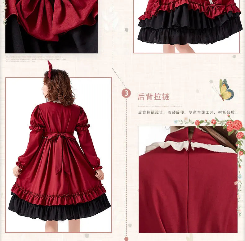Burgundy Gothic Lolita Dress Sleeves Bowknot 3pcs Set Victorian Cosplay Anime Convention Kawaii Velvet Trim Gothic Clothing