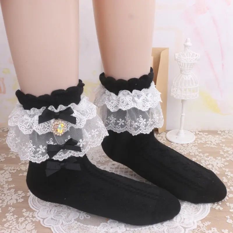 Layered Lace Lolita Socks Handmade Ankle Socks With Bow & Dangling Heart Charm Detailed Kawaii Socks For Women
