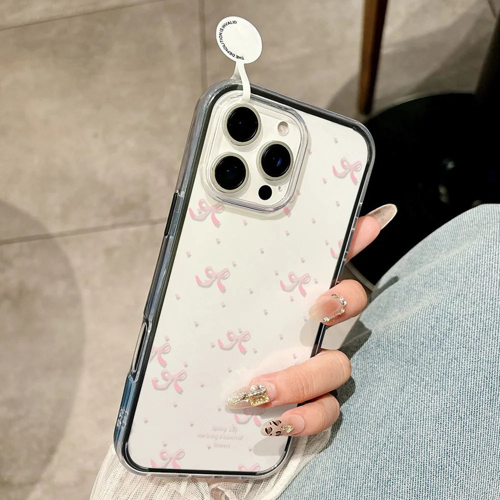 Cute Pink Bow Phone Case For iPhone 17 Pro Max Case iPhone 15 13 14 18 11 12 16 Pro Max Transparent 2 IN 1 Shockproof Soft Cover
