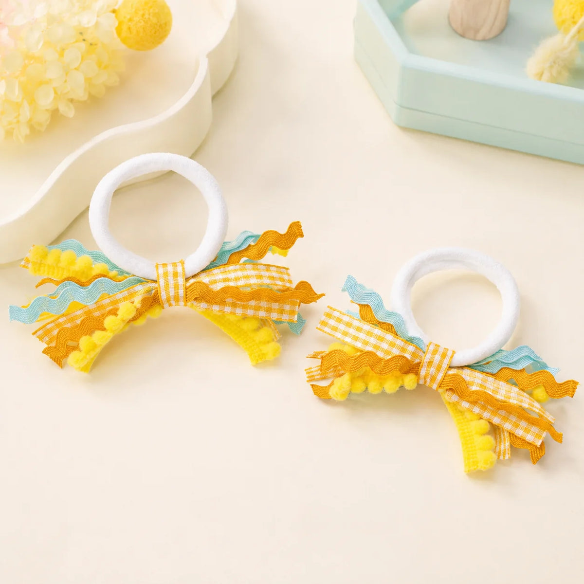 2Pcs/Set Coquette Aesthetic Gingham Bow Hair Ties Y2K Cheked Wave Ribbon Hair Elastics for Girls Kawaii Ponytail Holders