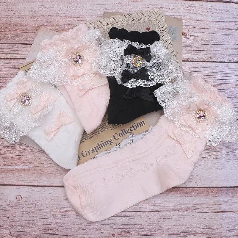 Layered Lace Lolita Socks Handmade Ankle Socks With Bow & Dangling Heart Charm Detailed Kawaii Socks For Women