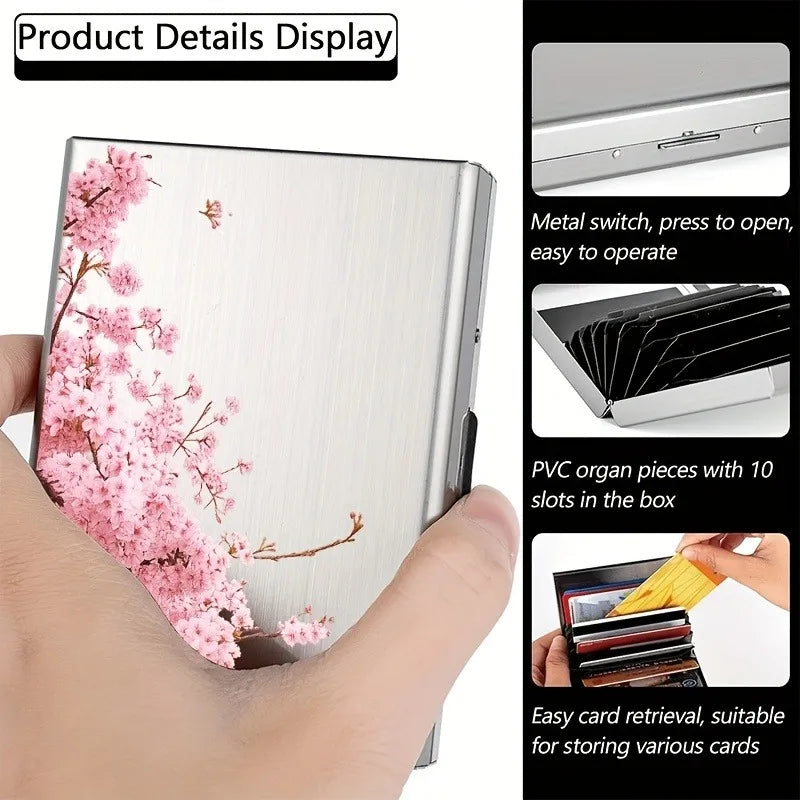 Pink cherry blossom tree branch pattern RFID anti-theft metal card holder for both men and women, safe and stylish card storage