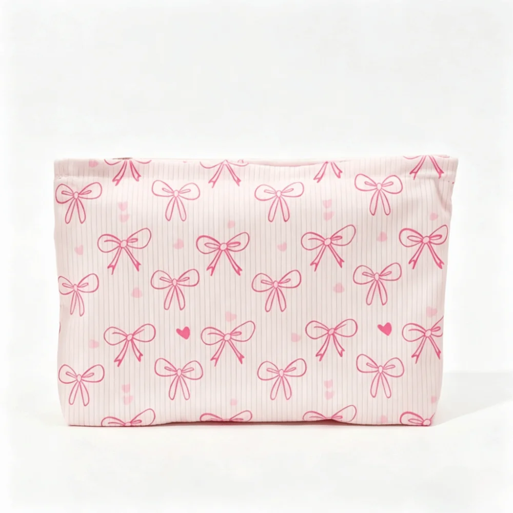 Pink Bow Corduroy Makeup Bag Corduroy Zipper Cosmetic Storage Bag Minimally Designed Lined Makeup Organizer