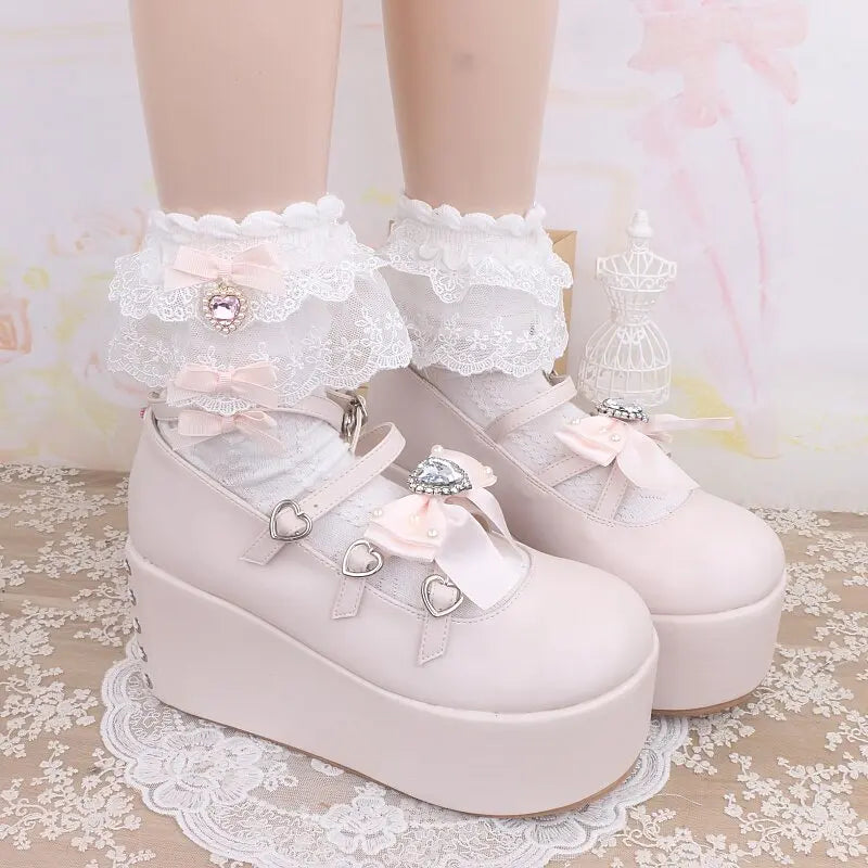 Layered Lace Lolita Socks Handmade Ankle Socks With Bow & Dangling Heart Charm Detailed Kawaii Socks For Women