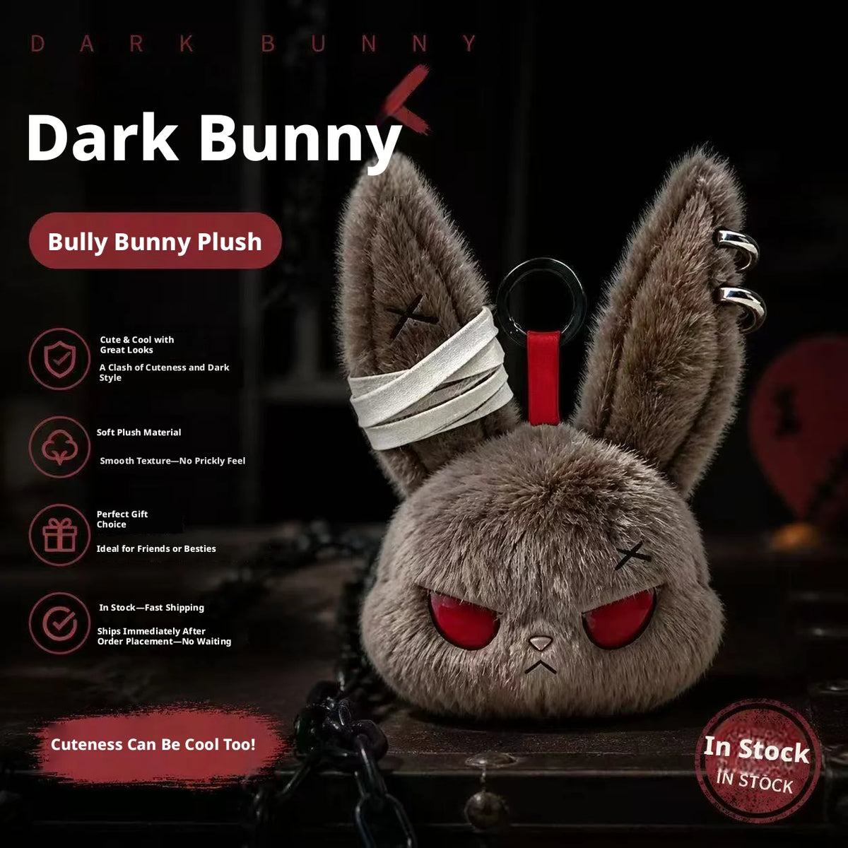 Gothic Bunny Plush Keychain RabbitBag Charm with Bandage Desian Kawaii Key Ring Pendant Car Bag Ornament Girl Child Gift To