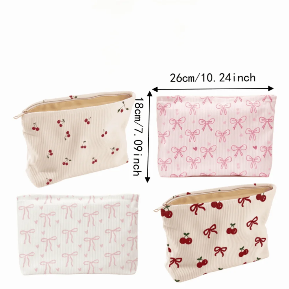 Pink Bow Corduroy Makeup Bag Corduroy Zipper Cosmetic Storage Bag Minimally Designed Lined Makeup Organizer