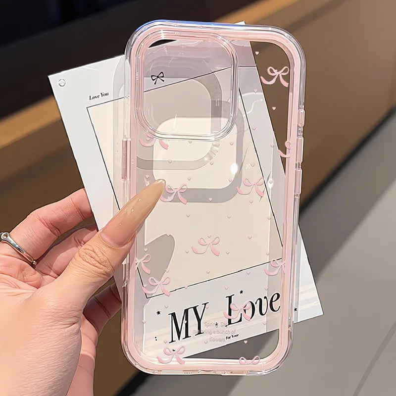 Cute Pink Bow Phone Case For iPhone 17 Pro Max Case iPhone 15 13 14 18 11 12 16 Pro Max Transparent 2 IN 1 Shockproof Soft Cover