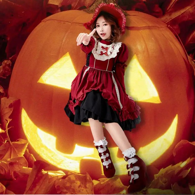 Burgundy Gothic Lolita Dress Sleeves Bowknot 3pcs Set Victorian Cosplay Anime Convention Kawaii Velvet Trim Gothic Clothing