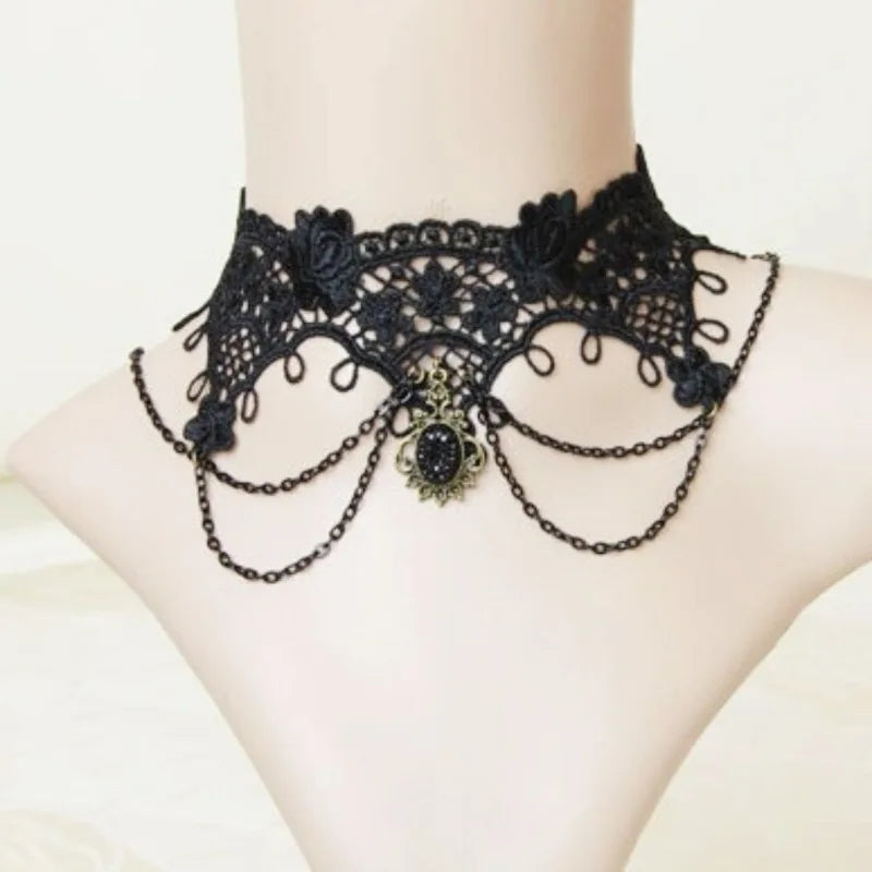 Gothic Black Lace Choker Necklace For Women Vintage Tassel Clavicle Chain Halloween Collar Choker Steampunk Party Jewelry Gift