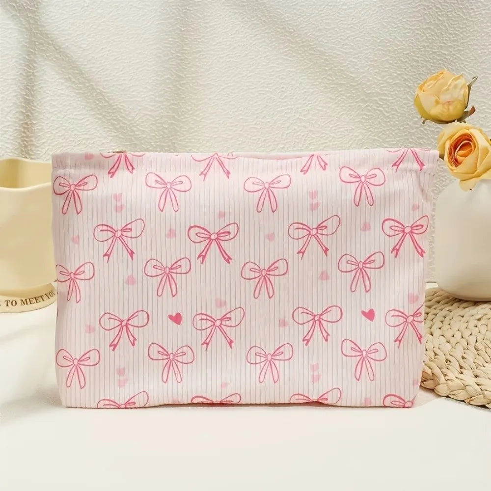 Pink Bow Corduroy Makeup Bag Corduroy Zipper Cosmetic Storage Bag Minimally Designed Lined Makeup Organizer