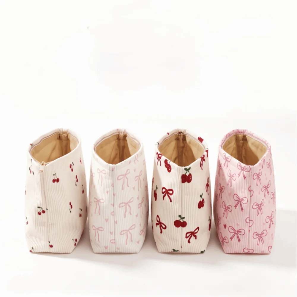 Pink Bow Corduroy Makeup Bag Corduroy Zipper Cosmetic Storage Bag Minimally Designed Lined Makeup Organizer