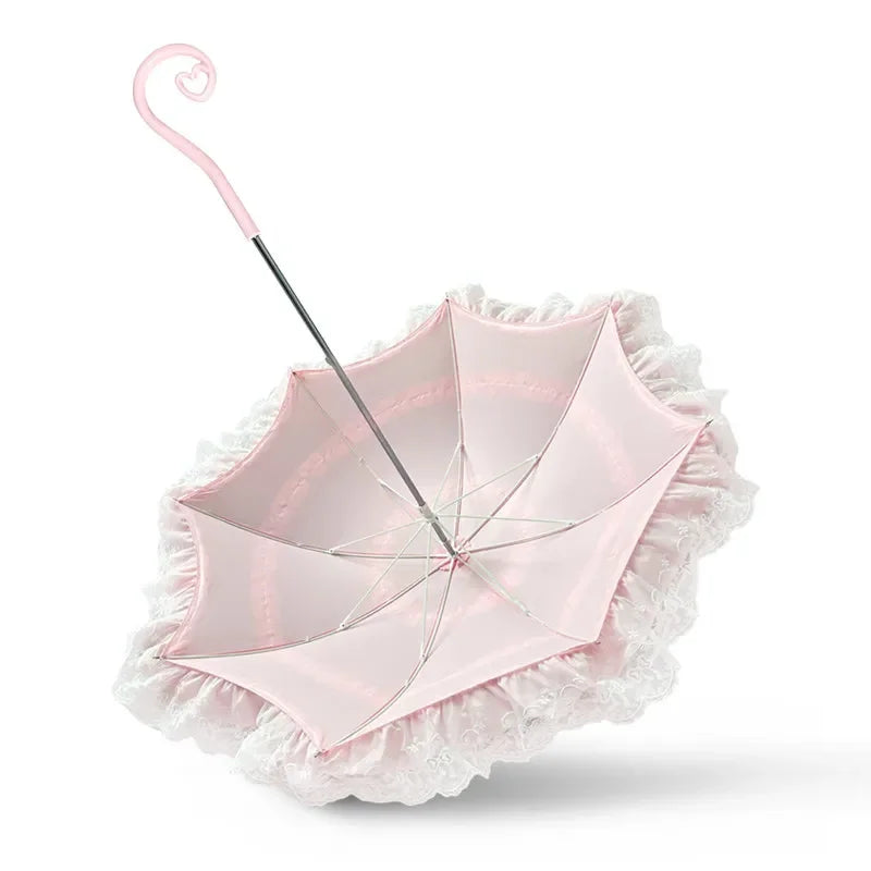 Pink Lace Lolita Umbrella, Long Handle Sun Parasol with Ruffled Edge, High Aesthetic Rain & Sun Umbrella for Women & Cosplay