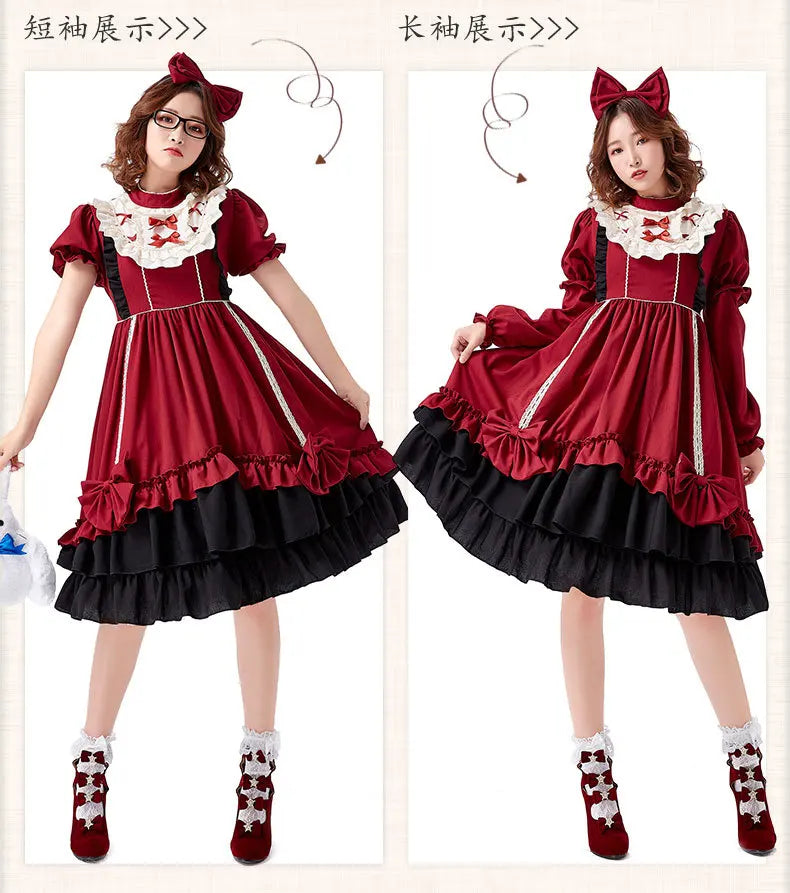 Burgundy Gothic Lolita Dress Sleeves Bowknot 3pcs Set Victorian Cosplay Anime Convention Kawaii Velvet Trim Gothic Clothing