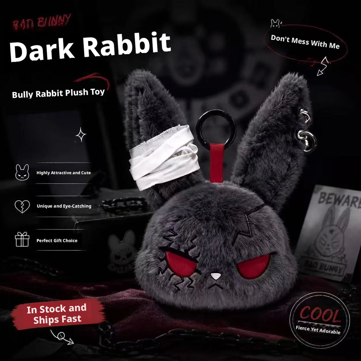 Gothic Bunny Plush Keychain RabbitBag Charm with Bandage Desian Kawaii Key Ring Pendant Car Bag Ornament Girl Child Gift To