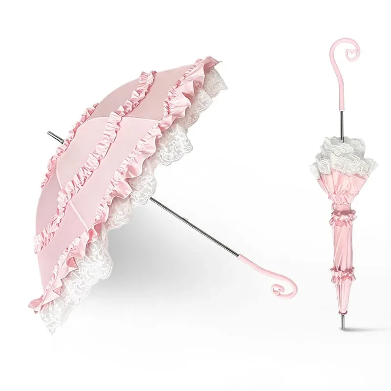 Pink Lace Lolita Umbrella, Long Handle Sun Parasol with Ruffled Edge, High Aesthetic Rain & Sun Umbrella for Women & Cosplay