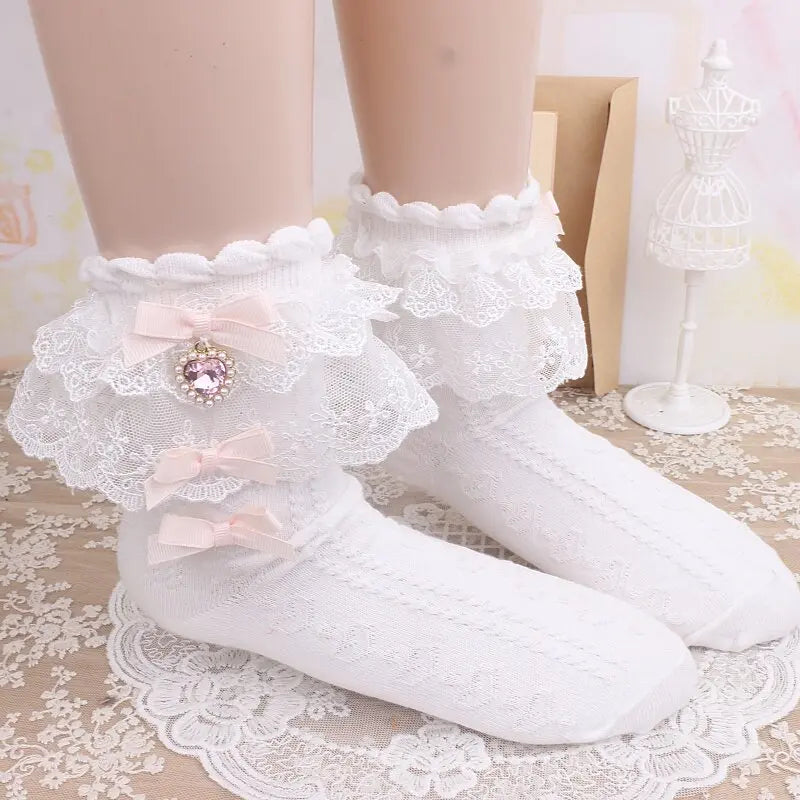Layered Lace Lolita Socks Handmade Ankle Socks With Bow & Dangling Heart Charm Detailed Kawaii Socks For Women