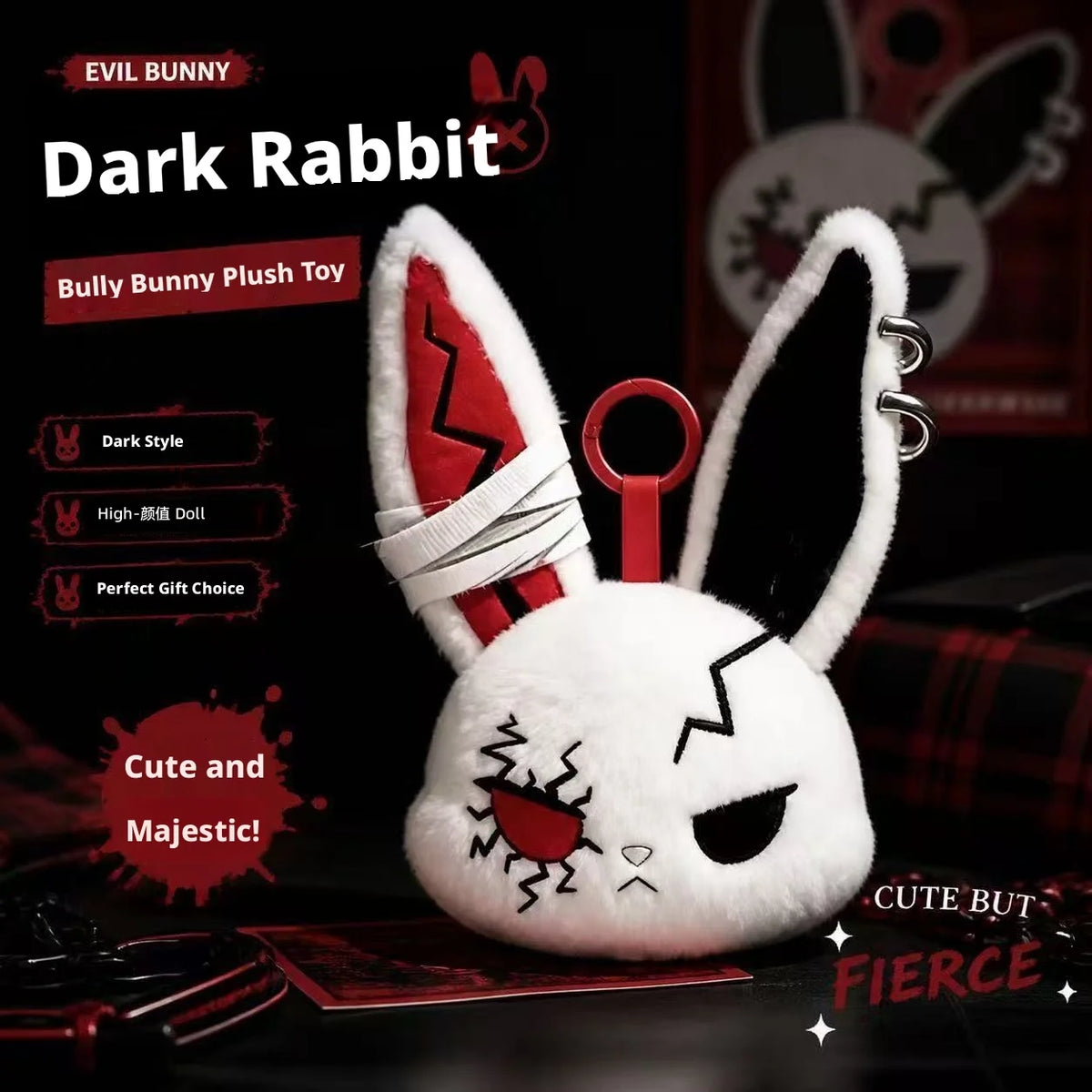 Gothic Bunny Plush Keychain RabbitBag Charm with Bandage Desian Kawaii Key Ring Pendant Car Bag Ornament Girl Child Gift To
