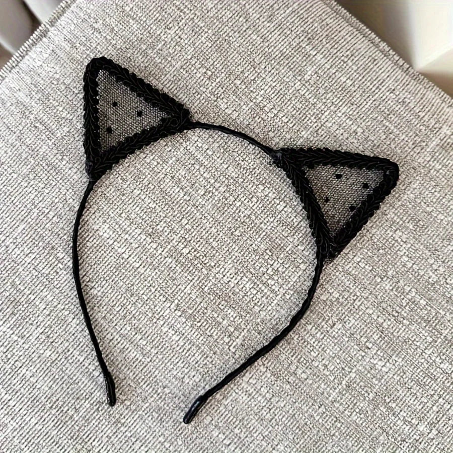 1 Black Polka Dot Cat Ear Headband - Stylish Polyester Hair Accessory, Perfect for Holidays, Parties, and Cosplay; Cute and Sexy