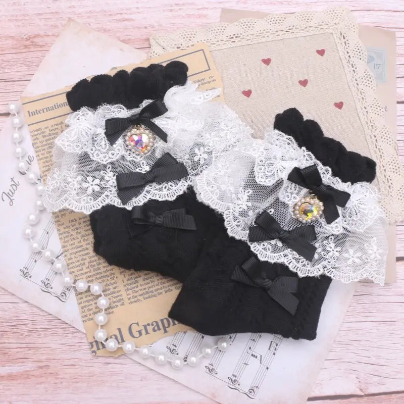 Layered Lace Lolita Socks Handmade Ankle Socks With Bow & Dangling Heart Charm Detailed Kawaii Socks For Women