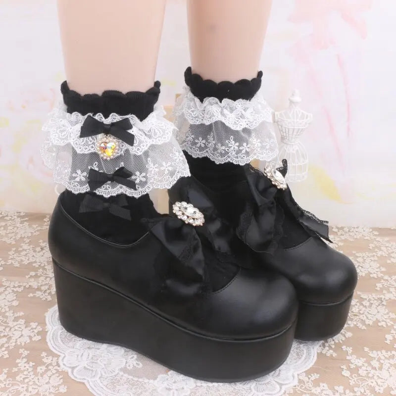 Layered Lace Lolita Socks Handmade Ankle Socks With Bow & Dangling Heart Charm Detailed Kawaii Socks For Women