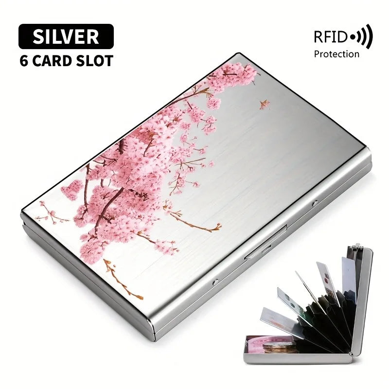 Pink cherry blossom tree branch pattern RFID anti-theft metal card holder for both men and women, safe and stylish card storage