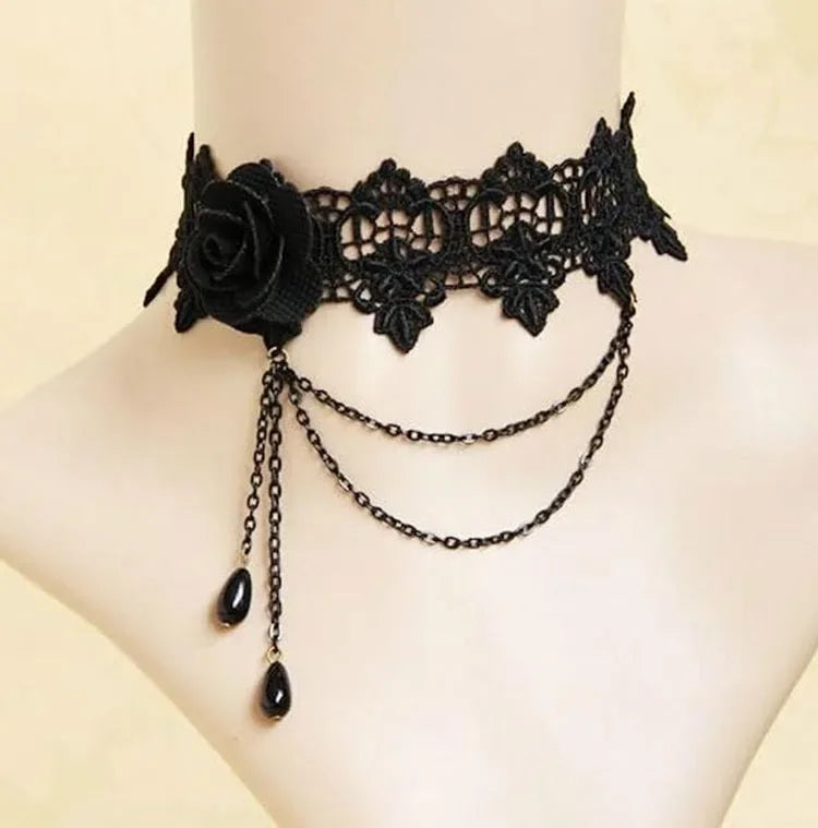 Gothic Black Lace Choker Necklace For Women Vintage Tassel Clavicle Chain Halloween Collar Choker Steampunk Party Jewelry Gift