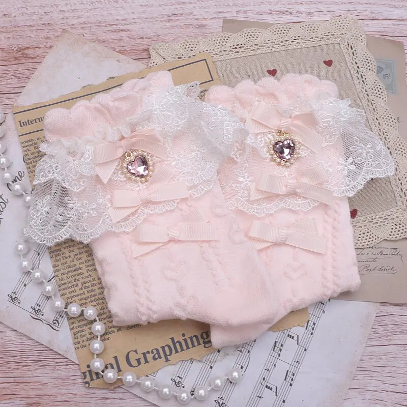 Layered Lace Lolita Socks Handmade Ankle Socks With Bow & Dangling Heart Charm Detailed Kawaii Socks For Women