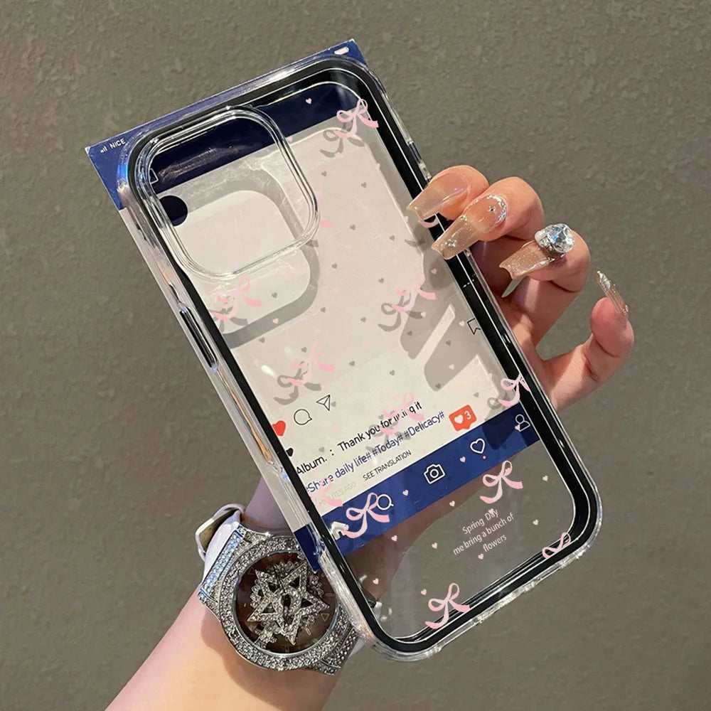 Cute Pink Bow Phone Case For iPhone 17 Pro Max Case iPhone 15 13 14 18 11 12 16 Pro Max Transparent 2 IN 1 Shockproof Soft Cover