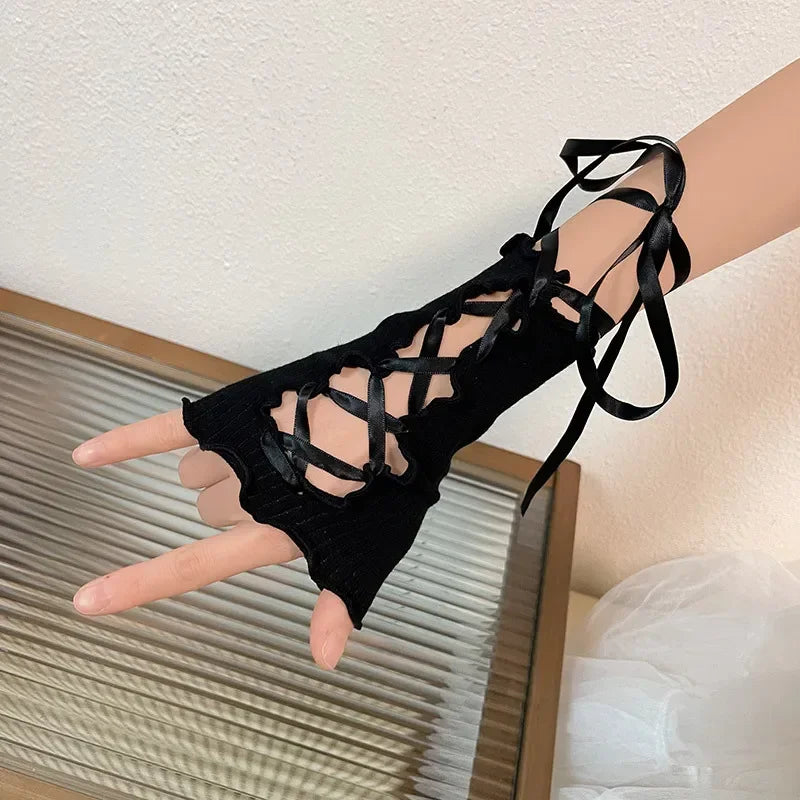 Women Lolita Jk Lace Fingerless Gloves Black Gothic DIY Strapping Sunscreen Sleeve Clothing Accessories Elastic Mesh Punk Gloves