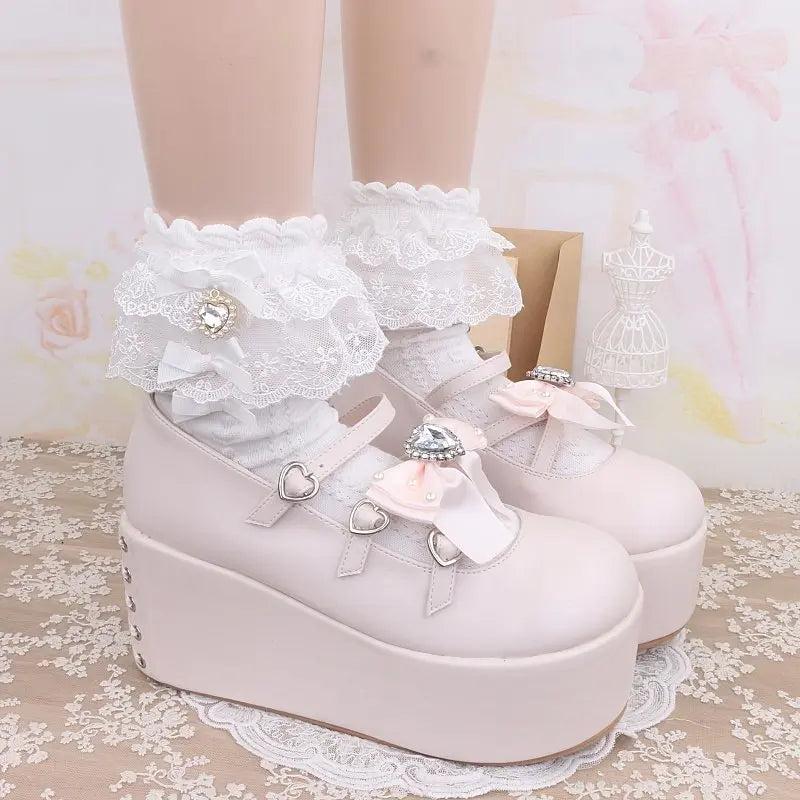 Layered Lace Lolita Socks Handmade Ankle Socks With Bow & Dangling Heart Charm Detailed Kawaii Socks For Women