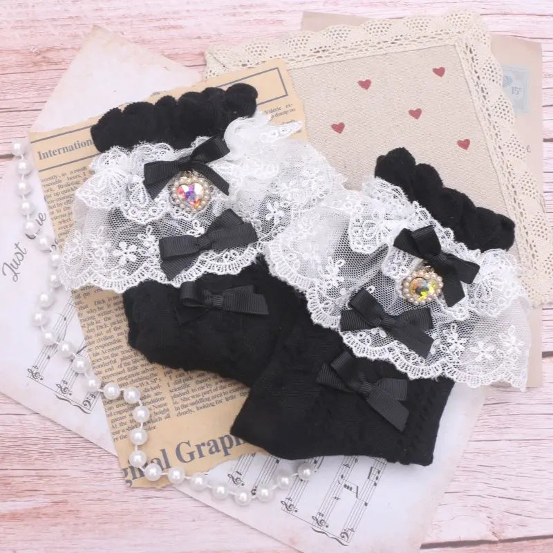 Layered Lace Lolita Socks Handmade Ankle Socks With Bow & Dangling Heart Charm Detailed Kawaii Socks For Women