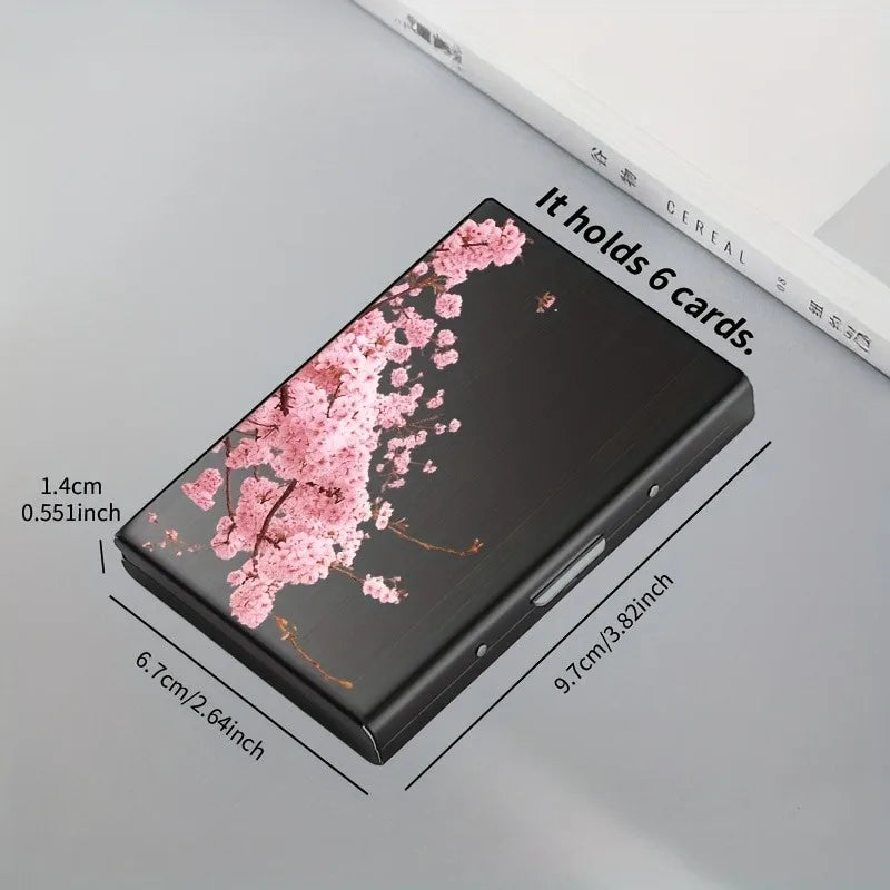 Pink cherry blossom tree branch pattern RFID anti-theft metal card holder for both men and women, safe and stylish card storage